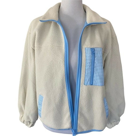 Sandy Liang for Target Cream Sherpa & Baby Blue Gingham Pocket Jacket - Picture 4 of 10